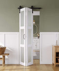 Space Saving Bifold Barn Door 28 Inch by 84 Inch Frosted Glass With Hardware Kit Included White PVC Surface Installed in Room