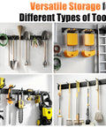 Beefy 66 Inch Garage Tool Organizer Wall Mount With 13 Adjustable Heavy-Duty Hooks holding various tools, space-saving design