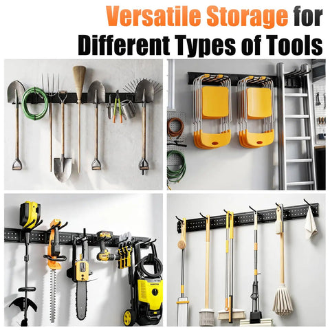 Beefy 66 Inch Garage Tool Organizer Wall Mount With 13 Adjustable Heavy-Duty Hooks holding various tools, space-saving design