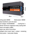 Heavy Duty 6000W Pure Sine Wave Inverter DC To AC Converter with aluminum body and display showing inputs and outputs.
