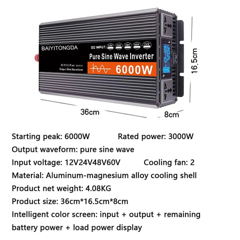 Heavy Duty 6000W Pure Sine Wave Inverter DC To AC Converter with aluminum body and display showing inputs and outputs.