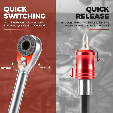 Close-up of reversible ratchet wrench and quick release feature from 14 In 1 Bike Tool Kit With Portable Foldable Multitool