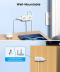 Flat Plug Power Strip With 8 In 1 USB Ports And Wall Mount 4 AC Outlets 2 USB C 2 USB A 5 Foot Extension Cord 1250 Watt Surge Protector for mounting on wall