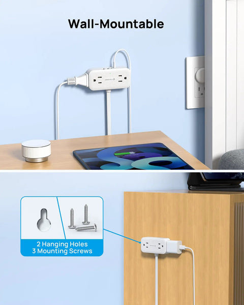 Flat Plug Power Strip With 8 In 1 USB Ports And Wall Mount 4 AC Outlets 2 USB C 2 USB A 5 Foot Extension Cord 1250 Watt Surge Protector for mounting on wall