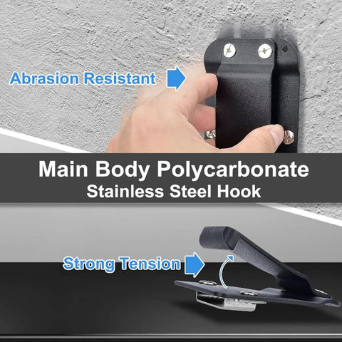Badass Heavy Duty Tool Hooks For Power Drills And Tape Measures With Zero Hassle Job Site Setup Using Rock Solid Reinforced Nylon And Stainless Steel making it easy to install on walls.