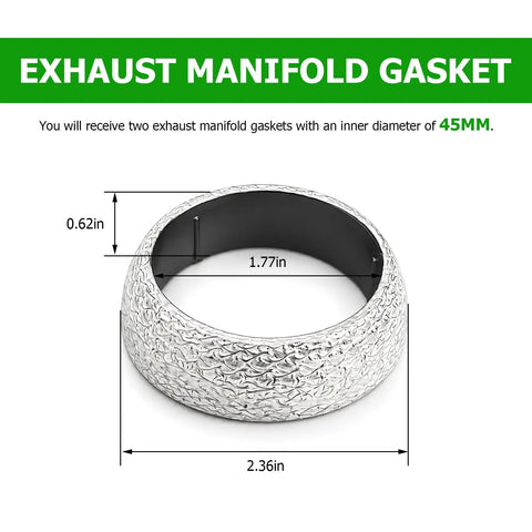 Heavy Duty 2 Pack 1.8 Inch Straight Up Leak Proof Graphite Exhaust Gasket Universal Flange Seal For Car Truck Suv Rv Manifolds showing dimensions.