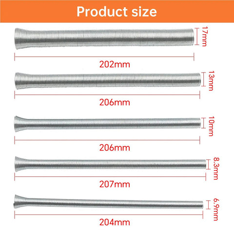 Dude, grab this awesome 5 Pack Spring Tubing Bender Set product sizes, showing measurements of metal tubes: 202mm to 207mm.