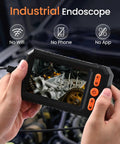 Hands holding Dope Borescope Camera With Light 16.4 Ft Semi Rigid Probe IP67 Waterproof HD Endoscope showing engine details on 4.3 inch screen