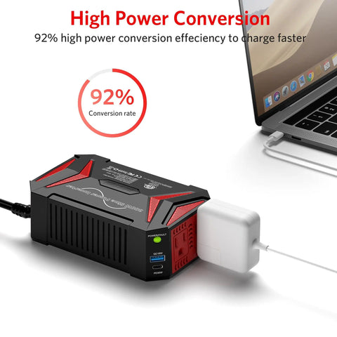 Road Trip Ready 300W Pure Sine Wave Car Power Inverter From 12V DC To 110V AC With USB C PD30W charging a laptop