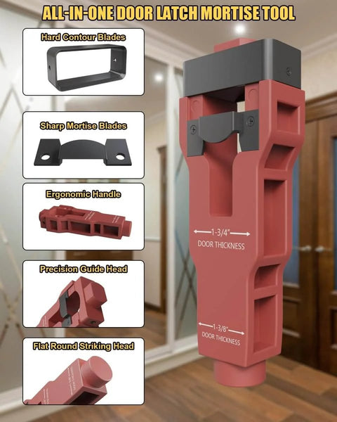 Pro Grade Door Latch Mortise Tool Kit For One Three Eighths And One Three Quarters Inch Wooden Doors, shown with parts list.
