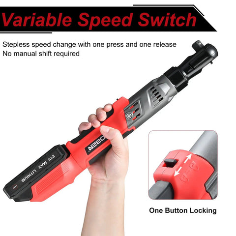 Hand holding Cordless Ratchet Wrench Kit with 74 Ft Lbs Torque Brushless Motor, showing variable speed switch and button detail