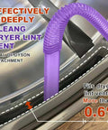 Dyson Compatible Dryer Lint Vacuum Attachment Hose in use, cleaning dryer vent; purple flexible hose for cordless vacuums, detail view