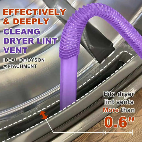 Dyson Compatible Dryer Lint Vacuum Attachment Hose in use, cleaning dryer vent; purple flexible hose for cordless vacuums, detail view