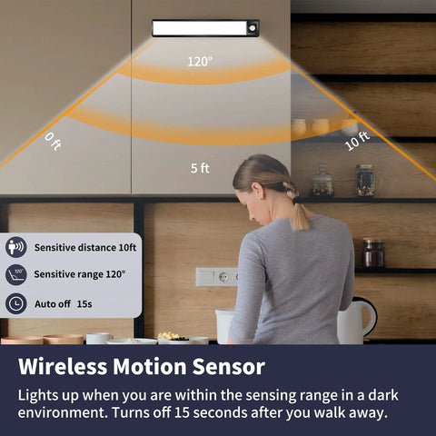 3 Pack Under Cabinet Lights With Motion Sensor And 31 LED Magnetic Closet Lights Battery Operated Rechargeable Wireless Under Counter Lighting For Kitchen Black mounted under cabinet showing sensing range.