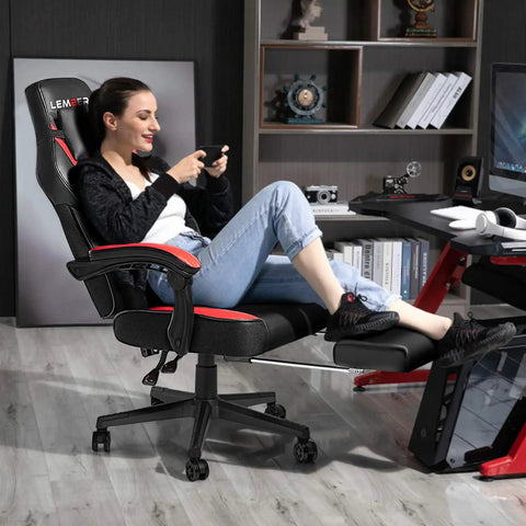 Big And Tall Gaming Chair 400 Lb Capacity Heavy Duty Office Chair With Reinforced Footrest Wide Seat And High Back For PC Desk Red PU Leather Linkage Armrests Thickened Steel Frame, user reclining