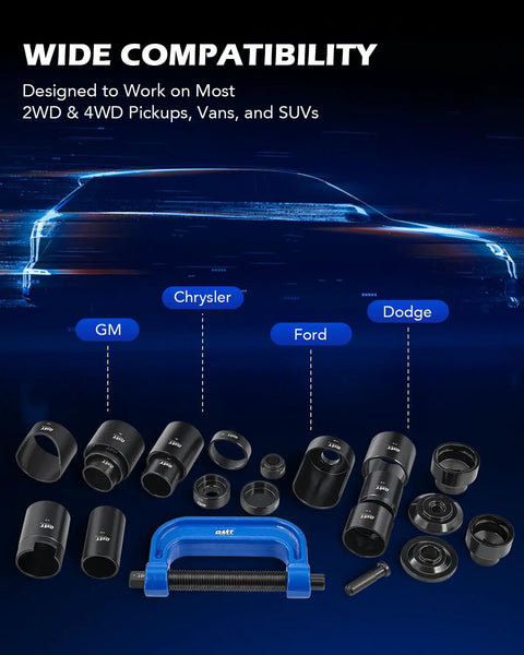 Heavy Duty Workhorse Twenty Three Piece Ball Joint Press Kit With Sure Grip Sockets And Adapters for Chrysler, Ford, GM vehicles.