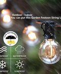 Close-up of Outdoor String Lights 300 Ft Waterproof G40 LED globe bulb in rainy weather with waterproof icons on image