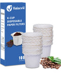 Disposable Paper Filters For Keurig K Cup Pods, 100 Count, Biodegradable, with coffee beans and leaves