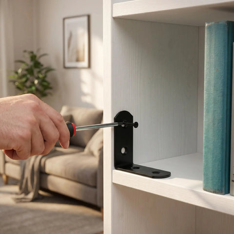 Installing Heavy Duty L Corner Braces Kit, 20 Pcs Metal Right Angle Shelf Supports into a bookcase with screwdriver