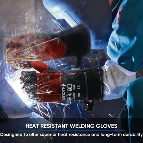 16 Inch Heat Resistant Welding Gloves For Welders, Thick Leather Work Gloves With 1000F Protection, Black Red Large