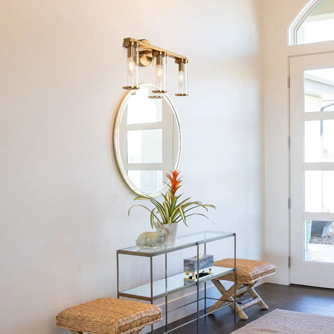 Brushed Gold 3 Light Vanity Light Fixture For Bathroom And Hallway Brass Bath Lighting With Glass Cylinders above entryway decor