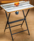 Rock Solid Router Table Kit With Powder Coated Steel Stand And Smooth Phenolic Plate, showcasing steel and phenolic materials for woodworking.