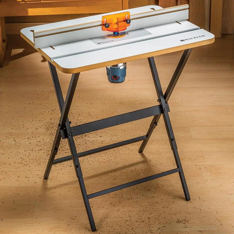 Rock Solid Router Table Kit With Powder Coated Steel Stand And Smooth Phenolic Plate, showcasing steel and phenolic materials for woodworking.