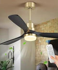 52 Inch Modern Outdoor Wood Ceiling Fan With Light Remote Control DC Motor Noiseless Reversible Black And Gold Finish