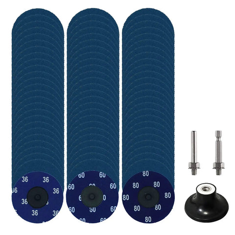 75 Piece 3 Inch Quick Change Zirconia Roll Lock Sanding Disc Set With One Quarter Inch Holder For Die Grinder Surface Prep Rust Paint Removal Polishing Finish, showing stacks of 36, 60, and 80 grit discs with mandrel shafts and holder