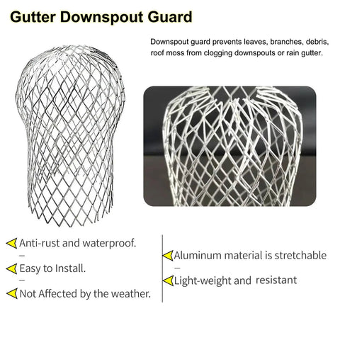 Six Pack Downspout Guard Filter Set Aluminum Gutter Strainer Mesh Screens Expandable Downspout Protector in mesh close-up view