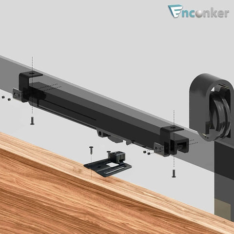 Hole-Free Barn Door Soft Close Mechanism, Upgraded Sliding Door Hardware with Spring Buffer Damper installed on door track