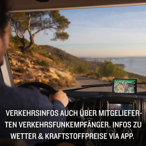 Driver using a 7 Inch Caravan Navigation System with Real Time Traffic, preloaded 3D maps on a scenic road in Europe