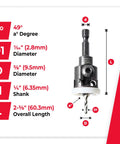 82 Degree Countersink With Adjustable Low Friction Depth Stop And Quick Release Hex Shank specifications diagram