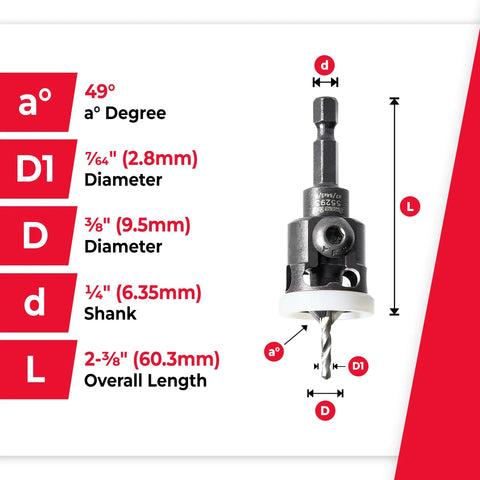 82 Degree Countersink With Adjustable Low Friction Depth Stop And Quick Release Hex Shank specifications diagram