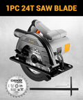 Pro Grade Corded Circular Saw 1200W With 4800Rpm Motor And 185mm 24 Tooth Blade displayed with accessories for PVC and wood cutting.
