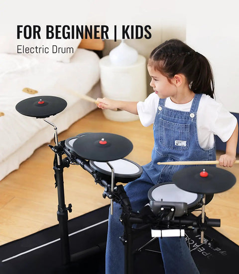 Child playing Electric Drum Set For Beginners And Kids That Slaps with 7 inch quiet mesh pads in a home setting