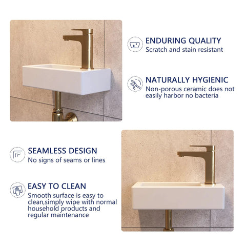 Wall Mounted Bathroom Sink 15x7 Inch Small Ceramic Rectangular Vessel Basin With Right Hand Faucet Hole Space Saving design