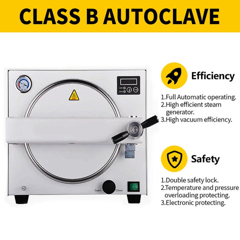Front view of a stainless steel 18L lab autoclave with circular door, long handle, and digital control panel.