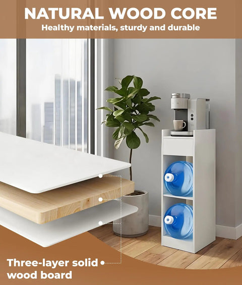 Sturdy 3 Tier Solid Wood Water Dispenser Rack With Drawer And Top Shelf 39 Inch Tall 5 Gallon Water Jug Storage Stand white finish