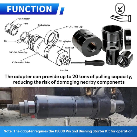 Upgraded Pin And Bushing Adapter For Heavy Duty Semi Trucks And Equipment Removal Tool with parts diagram and installation.