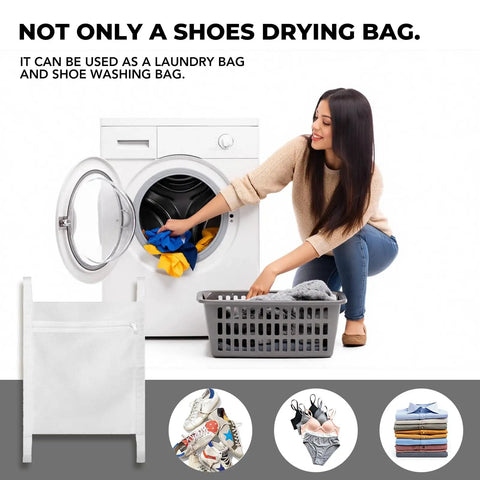 Woman using Large Shoe Dryer Bag For Sneakers With Zipper And Strap 15.7x15.7 Inch Wash Dry Net Laundry Bag Durable Polyester in front of dryer