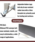 Close-up of 177 Inch PVC Flat Conveyor Workhorse with Adjustable Rubber Legs and Black PVC Belt Detail Display