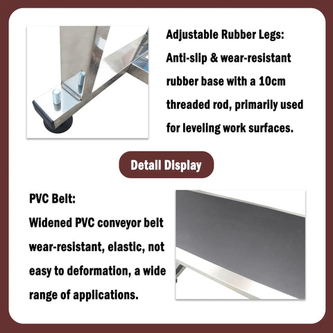 Close-up of 177 Inch PVC Flat Conveyor Workhorse with Adjustable Rubber Legs and Black PVC Belt Detail Display