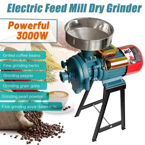 Electric Grain Mill 3000W Grinder For Wet And Dry Cereals Corn And Wheat Milling, heavy-duty grinder with funnel and cast iron disc