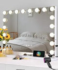 Hollywood Vanity Mirror With Lights And Built In Outlet Socket, 27.55x21.65 Inch, 18 LED Bulbs on a desk, bedroom background