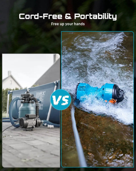 Floating Battery Powered Water Transfer Pump 720 GPH Cordless With Two 4000mAh Batteries And Charger in use outdoors