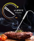 Wireless Meat Thermometer with probe in steak, digital accuracy display, perfect for grilling, smoking, and BBQ cooking.