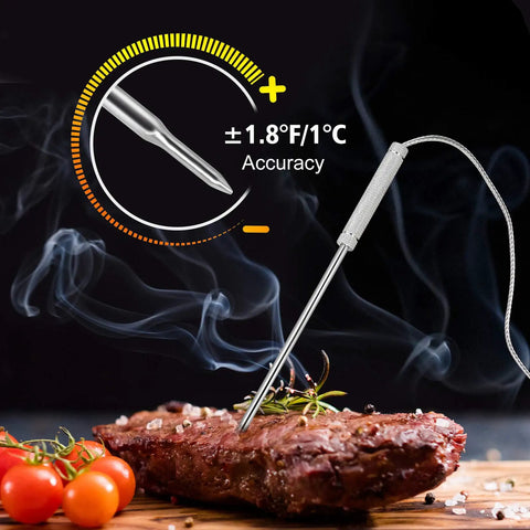 Wireless Meat Thermometer with probe in steak, digital accuracy display, perfect for grilling, smoking, and BBQ cooking.