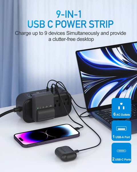 On-The-Go 9-In-1 PD 65W USB-C Power Strip with devices connected, showing 6 AC outlets, 2 USB-C ports, 1 USB-A port.