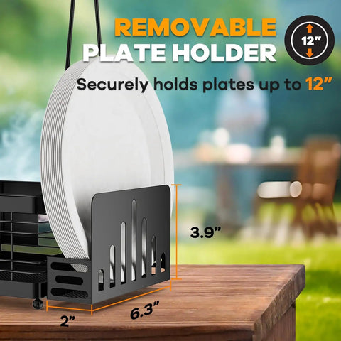 Grill Caddy With Plate Holder And Paper Towel Holder For Outdoor Cooking And Picnics, removable plate rack holding 12-inch plates